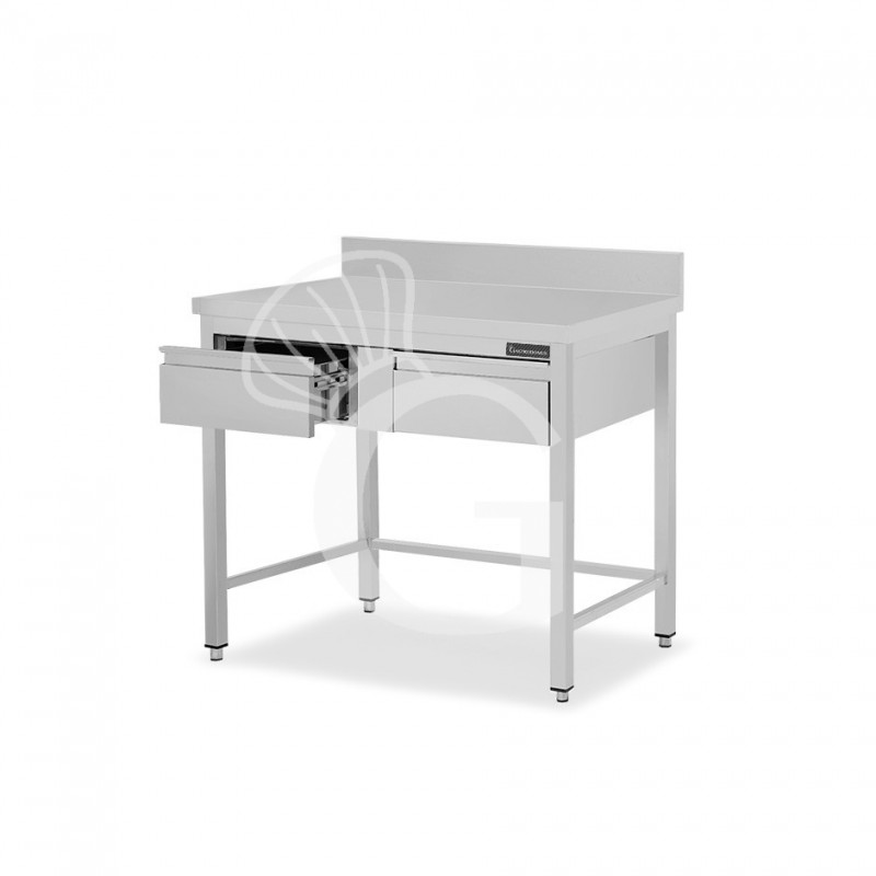 Mesa de trabajo de acero inoxidable con 2 cajones y peto trasero L 1100 mm x P 600 mm x A 950 mm