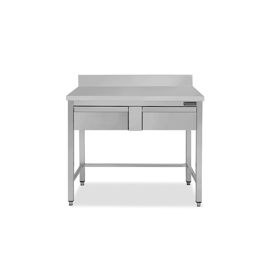 Mesa de trabajo de acero inoxidable con 2 cajones y peto trasero L 1100 mm x P 600 mm x A 950 mm