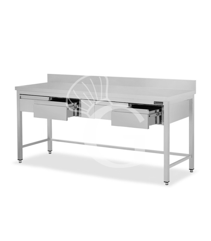 Mesa de trabajo de acero inoxidable con 4 cajones y peto trasero L 1900 mm x P 600 mm x A 950 mm