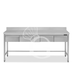 Mesa de trabajo de acero inoxidable con 4 cajones y peto trasero L 1900 mm x P 600 mm x A 950 mm