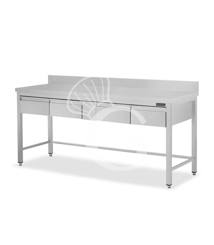 Mesa de trabajo de acero inoxidable con 4 cajones y peto trasero L 1900 mm x P 600 mm x A 950 mm