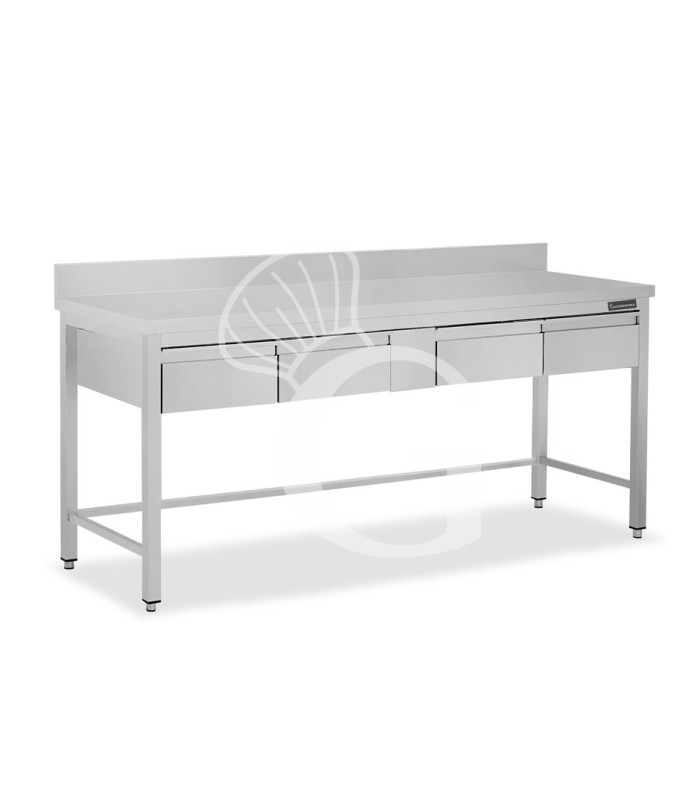 Mesa de trabajo de acero inoxidable con 4 cajones y peto trasero L 1900 mm x P 600 mm x A 950 mm