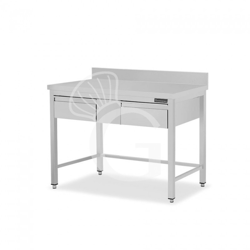Mesa de acero inoxidable, 2 cajones, con peto trasero, L 1300 mm x P 800 mm x H 950 mm