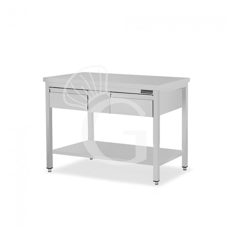 Mesa de trabajo de acero inoxidable con estante, 2 cajones L 1300 mm x P 600 mm x A 850 mm