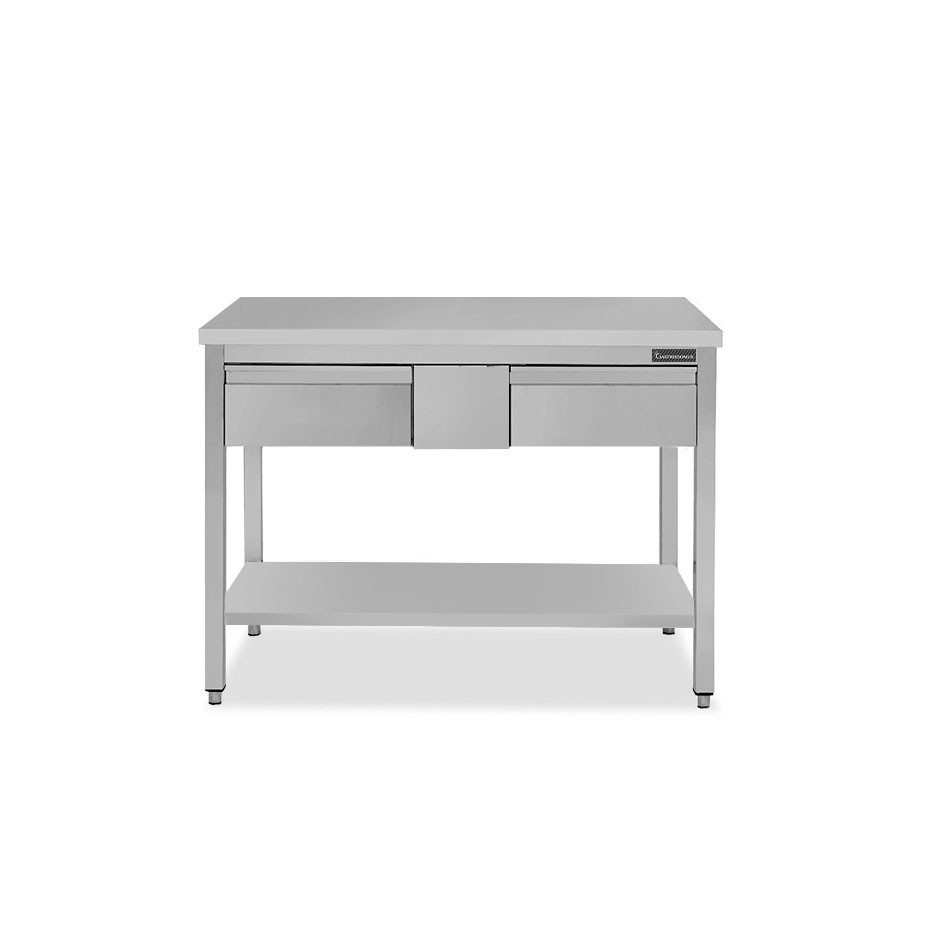 Mesa de trabajo de acero inoxidable con estante, 2 cajones L 1300 mm x P 600 mm x A 850 mm