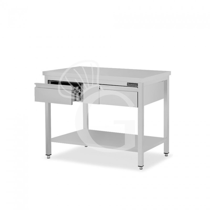 Mesa de trabajo de acero inoxidable con estante, 2 cajones L 1300 mm x P 600 mm x A 850 mm