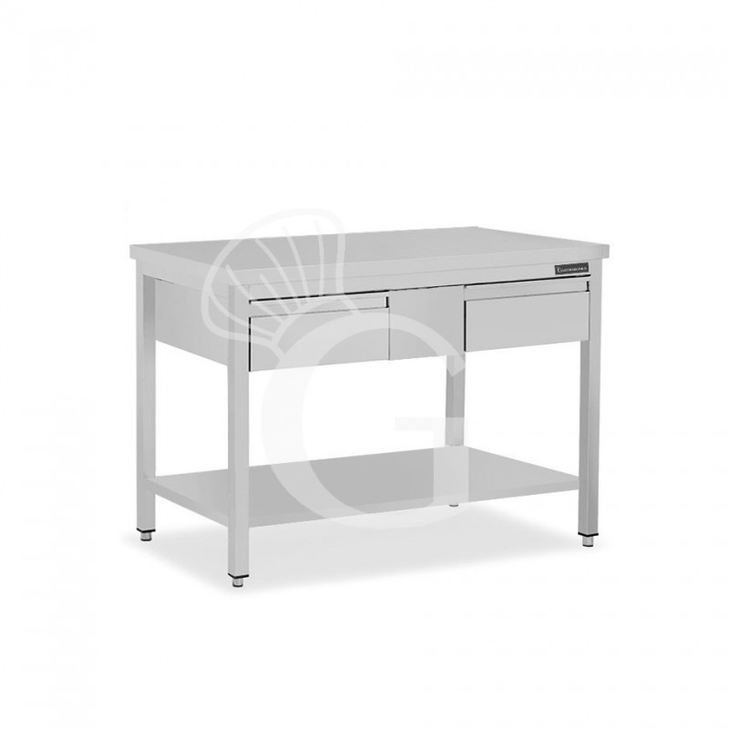 Mesa de trabajo de acero inoxidable con estante, 2 cajones L 1300 mm x P 600 mm x A 850 mm