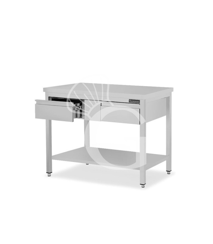 Mesa de acero inoxidable con estante y 2 cajones L 1300 mm x P 700 mm x H 850 mm