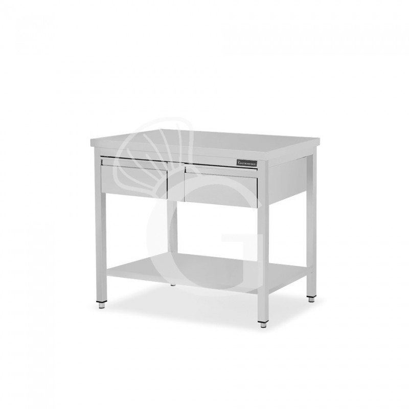 Mesa de trabajo de acero inoxidable con estante, 2 cajones L 1100 mm x P 800 mm x A 850 mm
