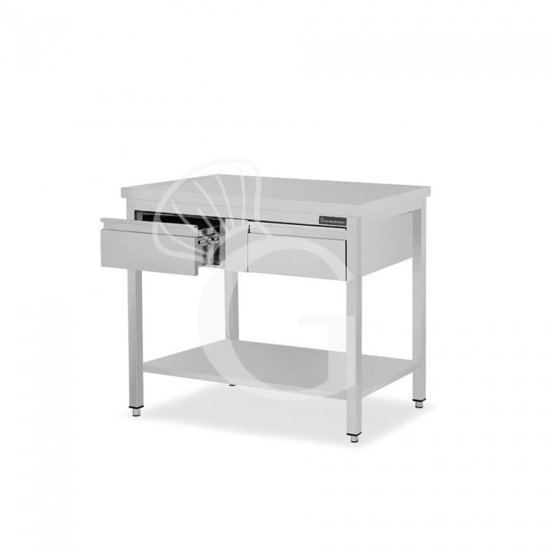 Mesa de trabajo de acero inoxidable con estante, 2 cajones L 1100 mm x P 800 mm x A 850 mm