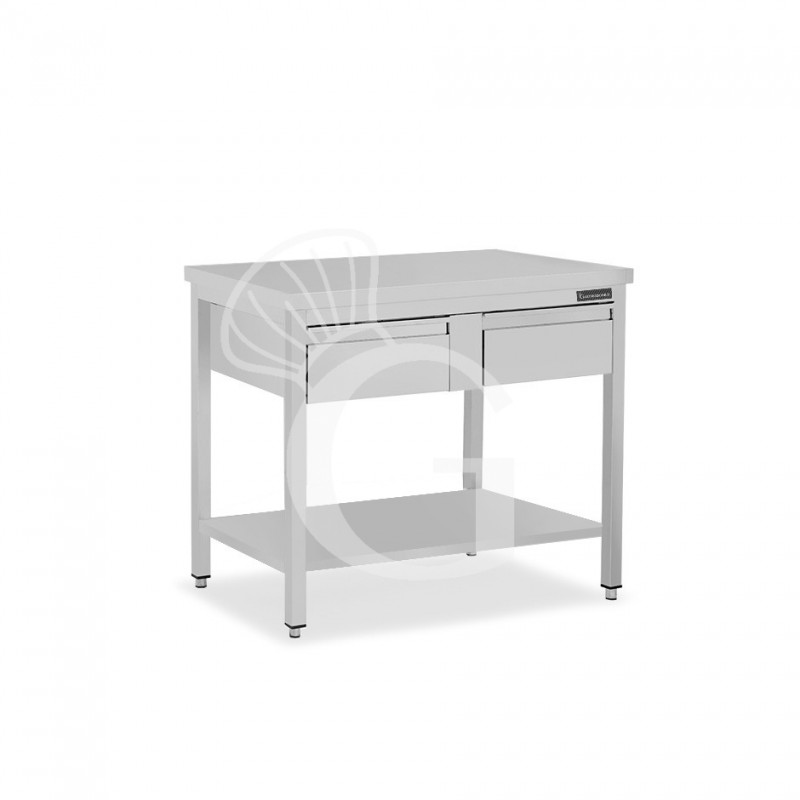 Mesa de trabajo de acero inoxidable con estante, 2 cajones L 1100 mm x P 800 mm x A 850 mm