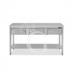 Mesa de trabajo de acero inoxidable con estante, 3 cajones L 1500 mm x P 800 mm x A 850 mm