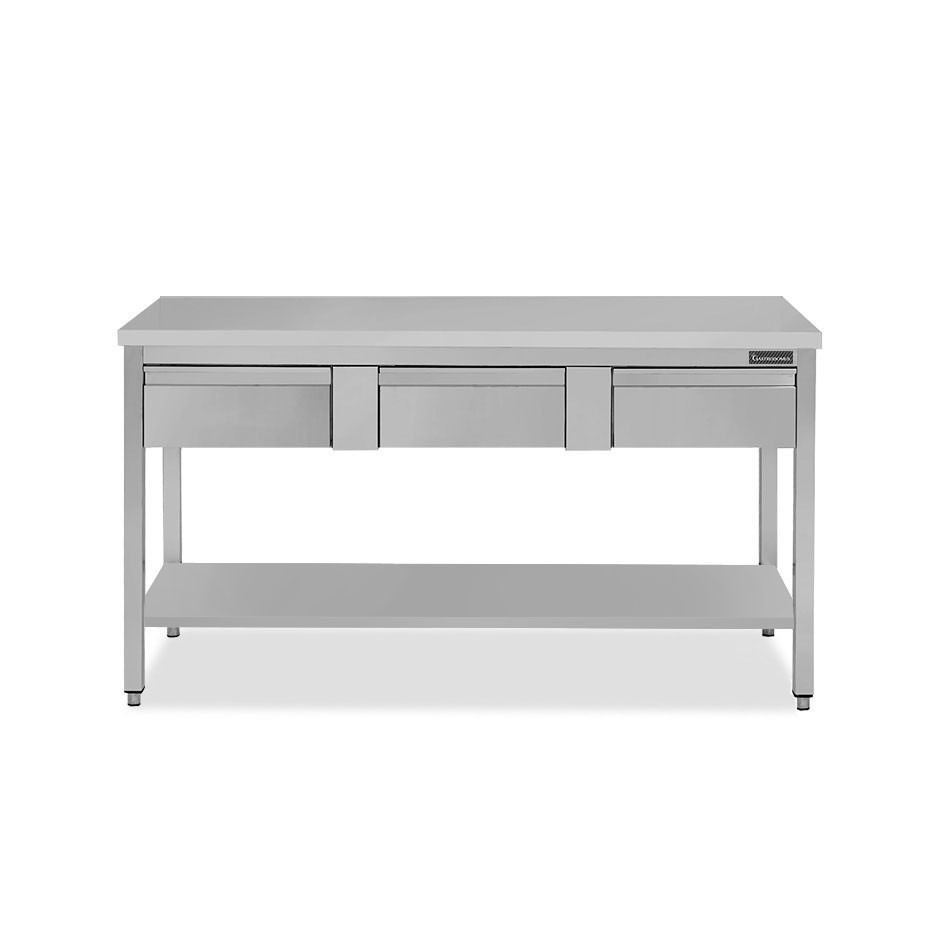 Mesa de acero inoxidable con estante 3 cajones L 1600 mm x P 800 mm x A 950 mm