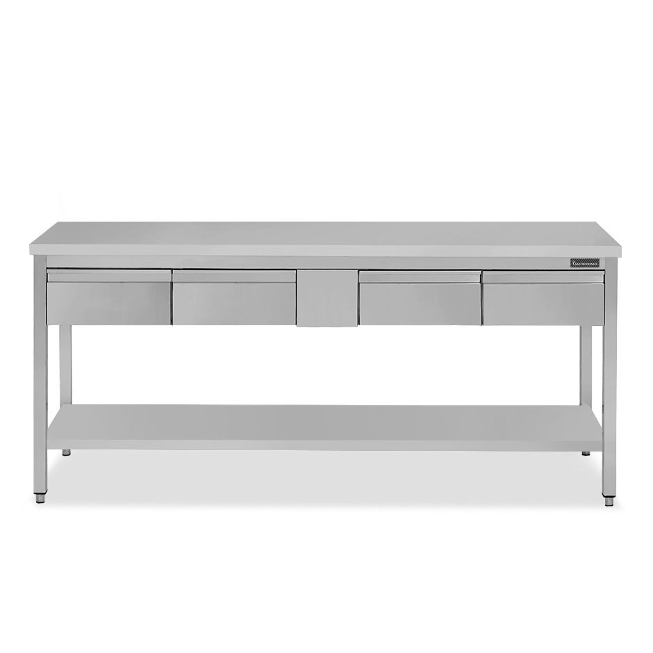Mesa de trabajo de acero inoxidable con estante, 4 cajones L 1900 mm x P 800 mm x A 850 mm