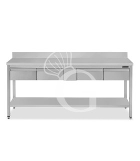 Mesa de trabajo de acero inoxidable con estante, peto trasero, 4 cajones L 1900 mm x P 600 mm x A 950 mm