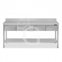 Mesa de trabajo de acero inoxidable con estante, peto trasero, 3 cajones L 1900 mm x P 700 mm x A 950 mm