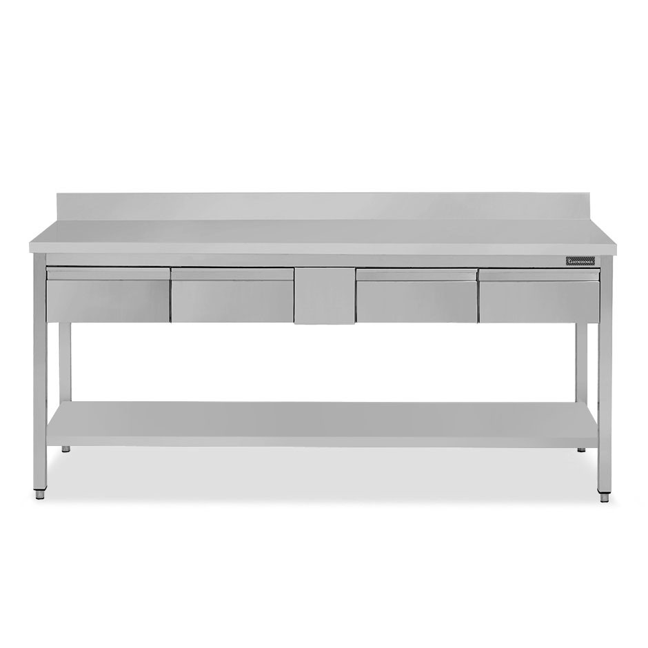 Mesa de trabajo de acero inoxidable con estante, peto trasero, 3 cajones L 1900 mm x P 700 mm x A 950 mm