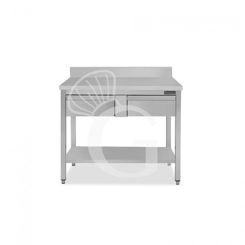 Mesa de trabajo de acero inoxidable con 1 estante, peto y 2 cajones L 1100 mm x P 800 mm x A 950 mm