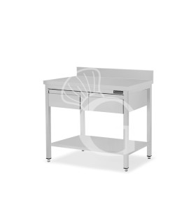 Mesa de trabajo de acero inoxidable con 1 estante, peto y 2 cajones L 1100 mm x P 800 mm x A 950 mm
