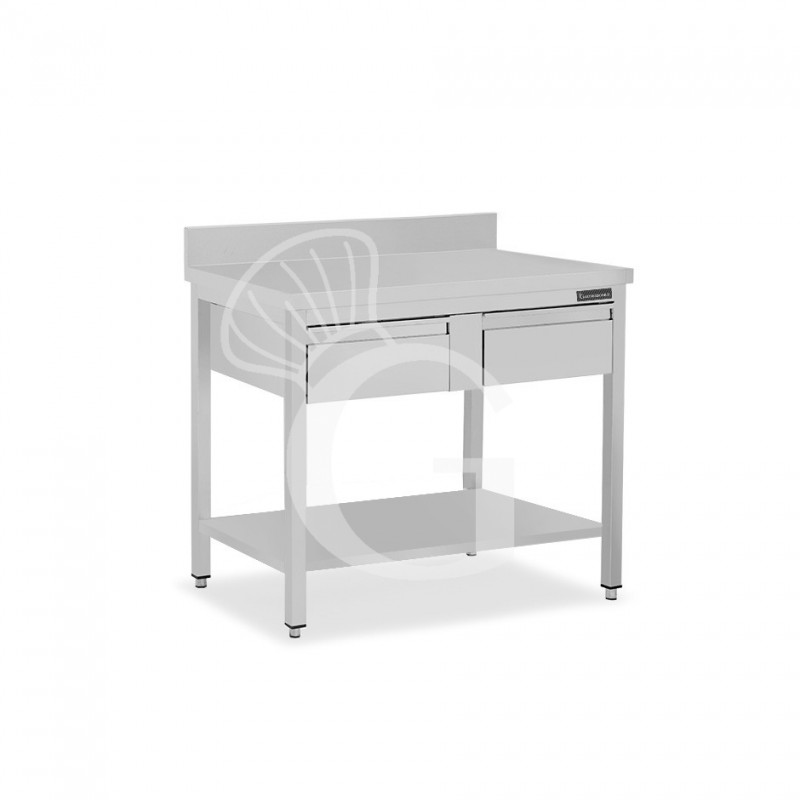 Mesa de trabajo de acero inoxidable con 1 estante, peto y 2 cajones L 1100 mm x P 800 mm x A 950 mm