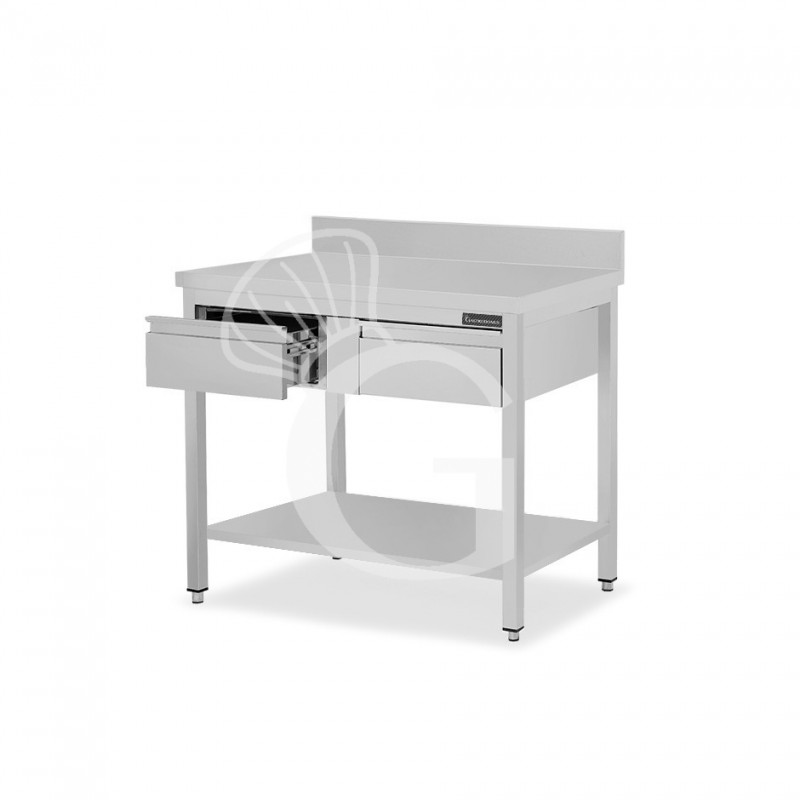 Mesa de trabajo de acero inoxidable con 1 estante, peto y 2 cajones L 1100 mm x P 800 mm x A 950 mm