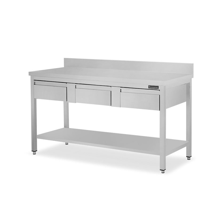 Mesa de acero inoxidable con peto trasero 3 cajones, L 1700 mm x P 800 mm x H 950 mm.