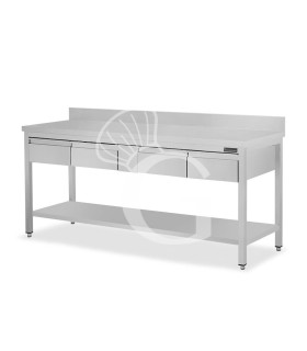 Mesa de trabajo de acero inoxidable con estante, peto trasero, 4 cajones L 1900 mm x P 800 mm x A 950 mm