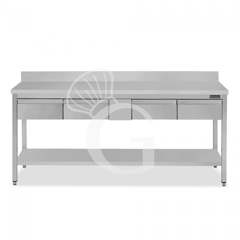 Mesa de trabajo de acero inoxidable con estante, peto trasero, 4 cajones L 1900 mm x P 800 mm x A 950 mm