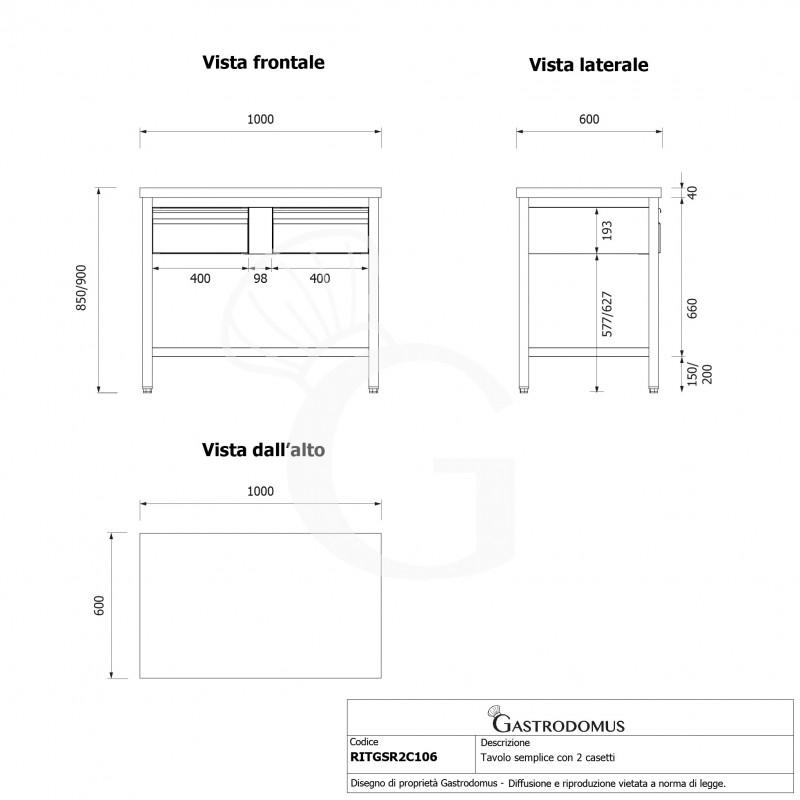 Mesa de acero inoxidable con 2 cajones L 1000 mm x P 600 mm x A 850 mm