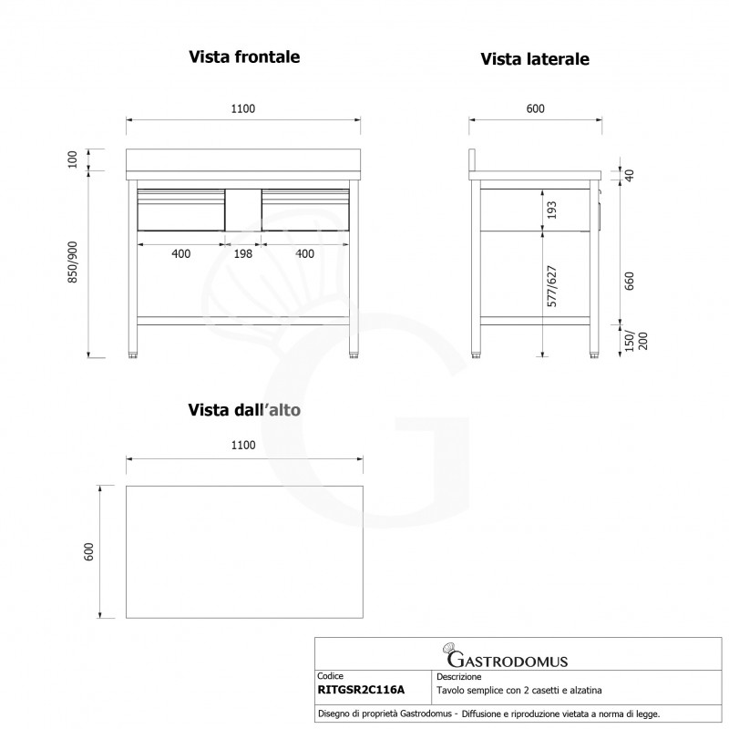 Mesa de trabajo de acero inoxidable con 2 cajones y peto trasero L 1100 mm x P 600 mm x A 950 mm