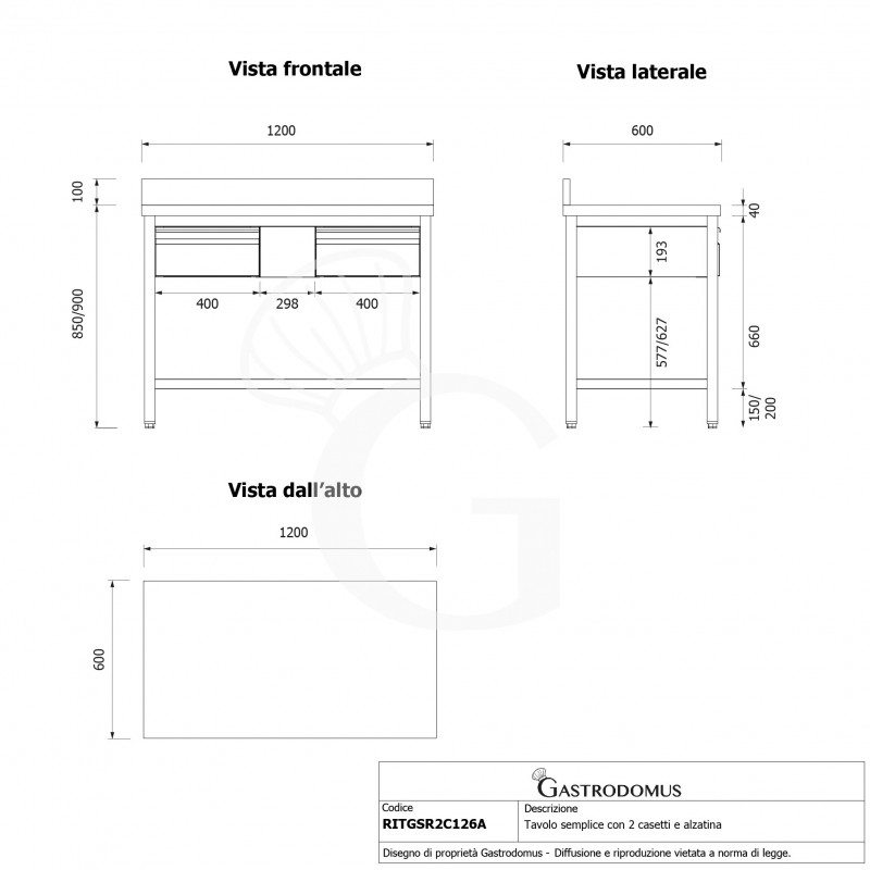 Mesa de acero inoxidable con 2 cajones y peto L 1200 mm x P 600 mm x A 950 mm