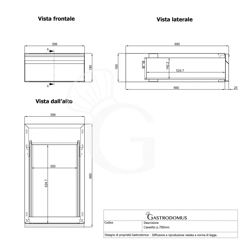 Mesa de acero inoxidable con 4 cajones y peto L 2000 mm x P 700 mm x A 950 mm