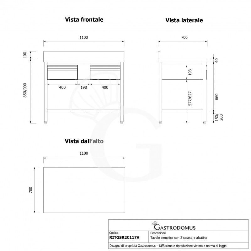 Mesa de trabajo de acero inoxidable con 2 cajones y peto trasero L 1100 mm x P 700 mm x A 950 mm