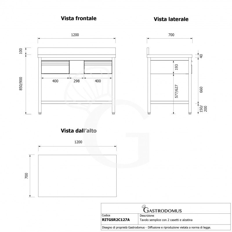 Mesa de acero inoxidable con 2 cajones y peto L 1200 mm x P 700 mm x A 950 mm