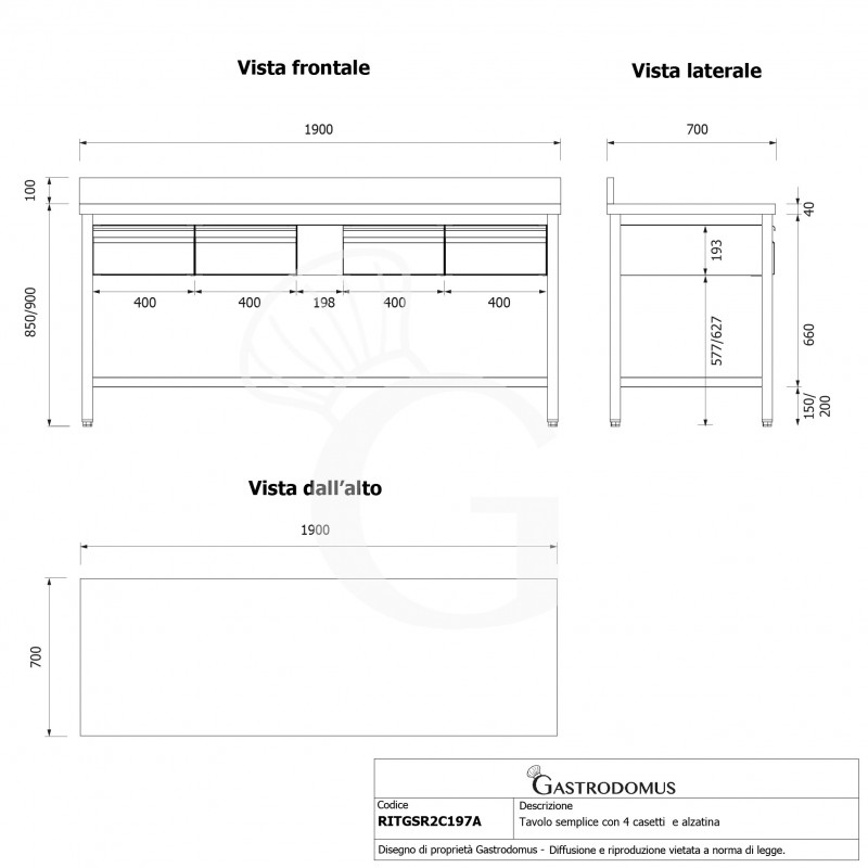 Mesa de trabajo de acero inoxidable con 4 cajones y peto trasero L 1900 mm x P 700 mm x A 950 mm
