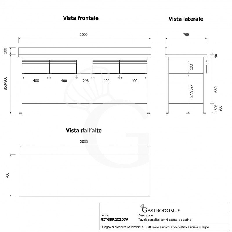Mesa de acero inoxidable con 4 cajones y peto L 2000 mm x P 700 mm x A 950 mm