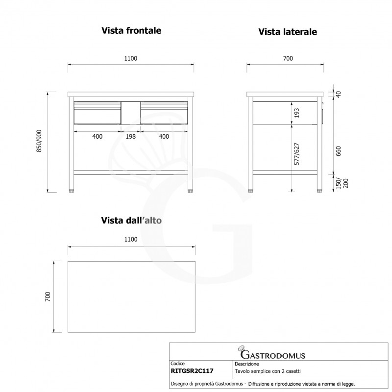 Mesa de trabajo de acero inoxidable con 2 cajones con dimensiones L 1100 mm x P 700 mm x A 850 mm