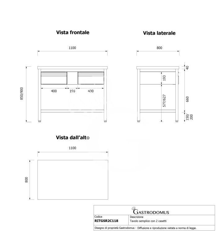 Mesa de trabajo de acero inoxidable con 2 cajones con dimensiones L 1100 mm x P 800 mm x A 850 mm