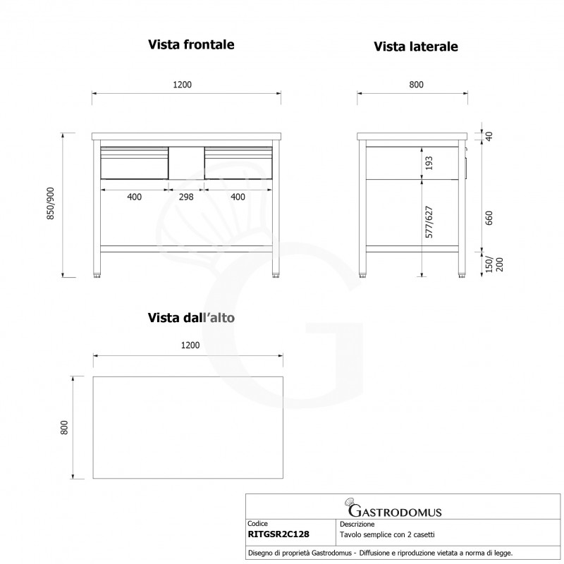 Mesa de acero inoxidable con 2 cajones L 1200 mm x P 800 mm x A 850 mm