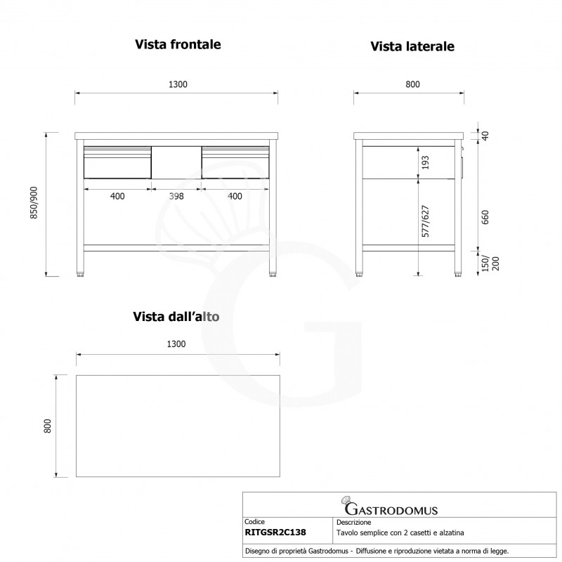 Mesa de trabajo de acero inoxidable con 2 cajones con dimensiones L 1300 mm x P 800 mm x A 850 mm