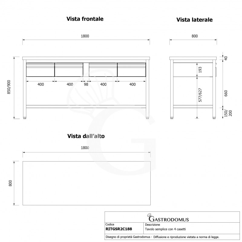Mesa de trabajo de acero inoxidable con 4 cajones con dimensiones L 1800 mm x P 800 mm x A 850 mm