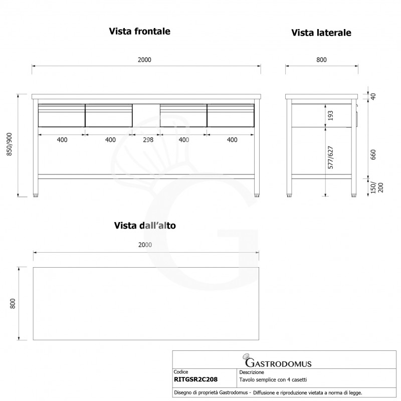 Mesa de acero inoxidable con 4 cajones L 2000 mm x P 800 mm x A 850 mm