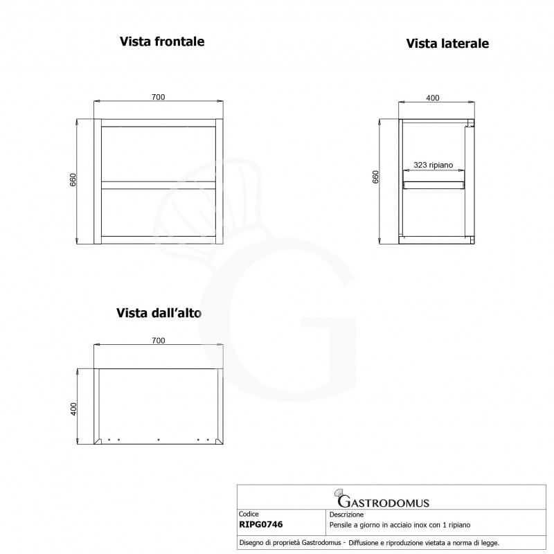Armario de pared inox con 1 estante, L 700 mm x P 400 mm x A 660 mm
