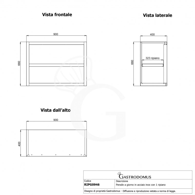 Armario de pared inox con 1 estante, L 900 mm x P 400 mm x A 660 mm