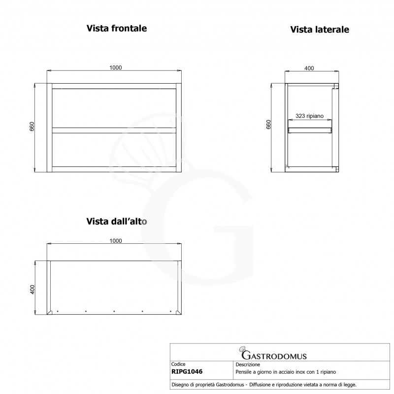 Armario de pared inox con 1 estante, L 1000 mm x P 400 mm x A 660 mm
