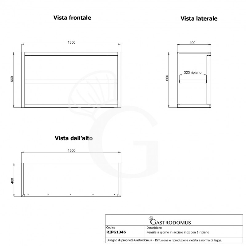 Armario de pared inox con 1 estante, L 1300 mm x P 400 mm x A 660 mm
