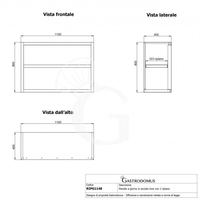 Armario de pared inox con 1 estante, L 1000 mm x P 400 mm x A 800 mm