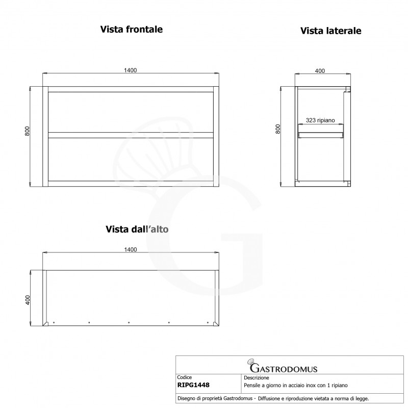 Armario de pared de acero inoxidable con 1 estante, L 1400 mm x P 400 mm x A 800 mm