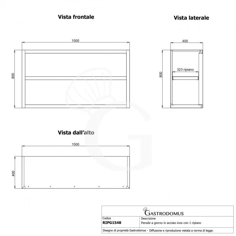 Armario de pared de acero inoxidable con 1 estante, L 1500 mm x P 400 mm x A 800 mm
