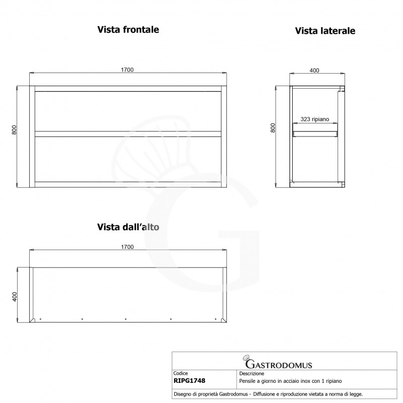Armario de pared en acero inoxidable abierto con 1 estante, L 1700 mm x P 400 mm x H 800 mm